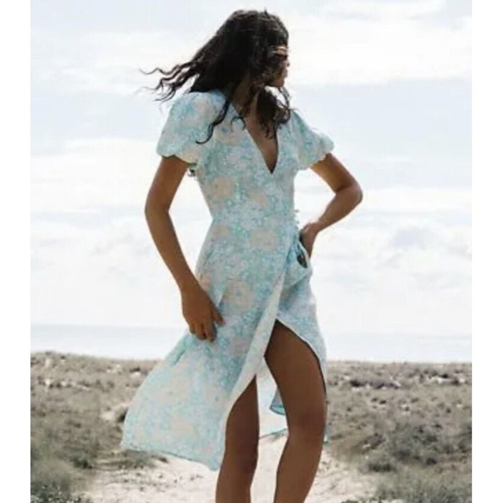 Billabong Women's Floral Midi Wrap Dress Size Medium Blue Ray Aqua Summe…